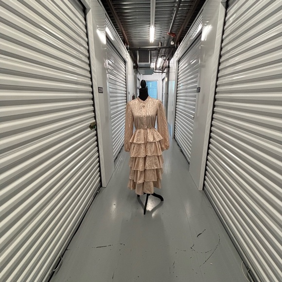 Mazik Tan Blush Pink Gold Ruffled Tiered Gown with Mandarin Collar - Picture 5 of 15